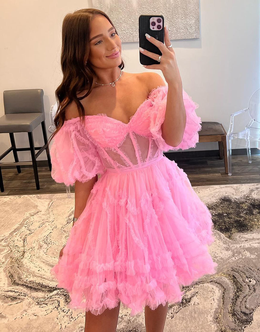 Sweet A-Line Off The Shoulder Short Tulle Homecoming Dress - Fashionpara