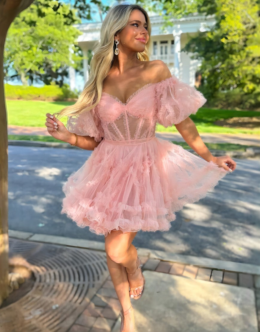 Sweet A-Line Off The Shoulder Short Tulle Homecoming Dress - Fashionpara