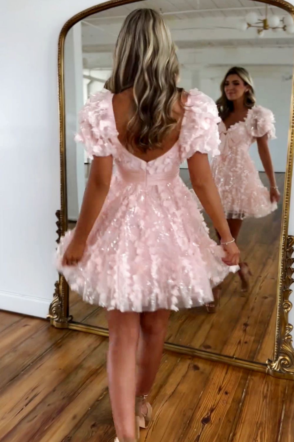 Lovely Pink A-Line Puff Sleeves Short Tulle Homecoming Dress With Bowknot - Fashionpara