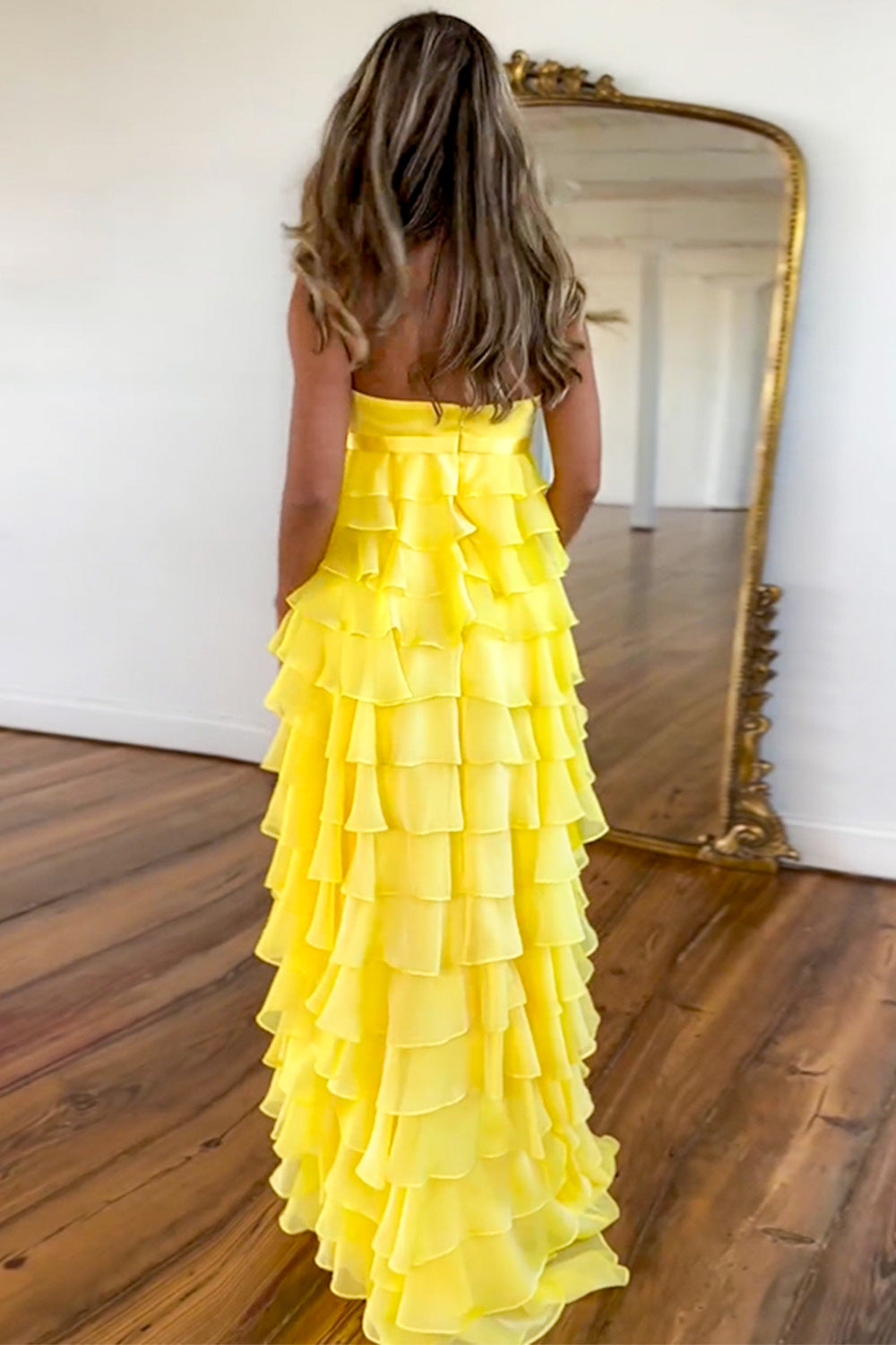 Lovely Yellow A-Line Strapless Zipper Back Long Tiered Prom Dress