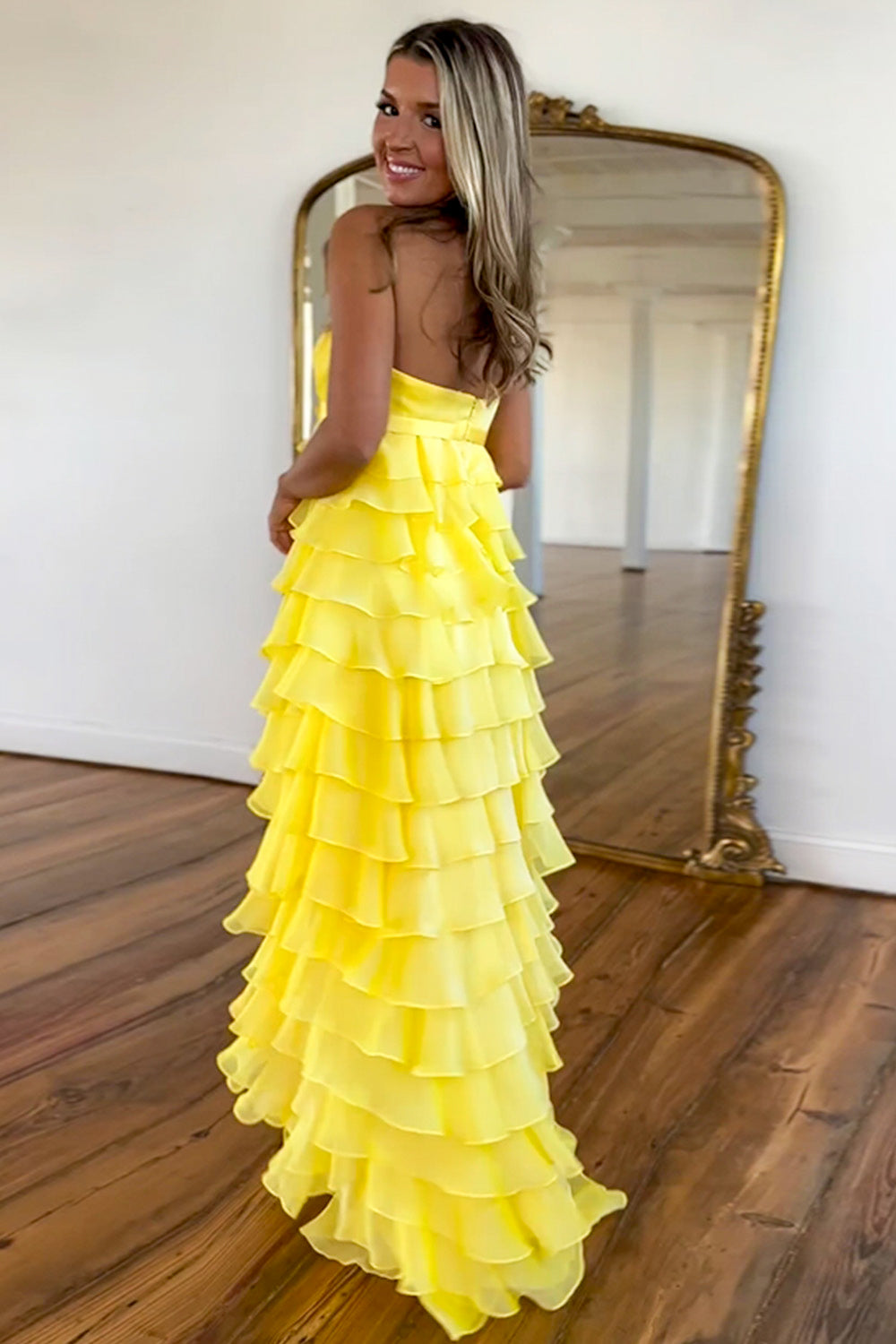Lovely Yellow A-Line Strapless Zipper Back Long Tiered Prom Dress