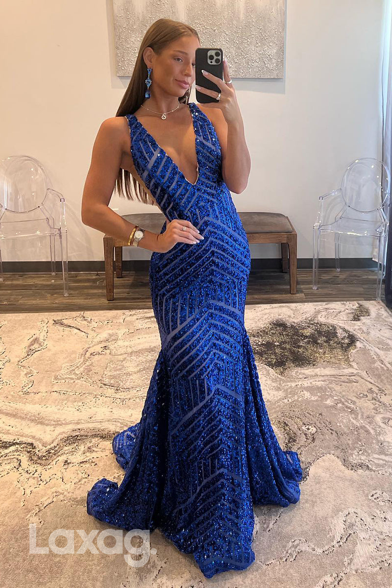 22335 - Low V-Neck Backless Fully Sequins Mermaid Party Prom Formal Evening Dress - Fashionpara
