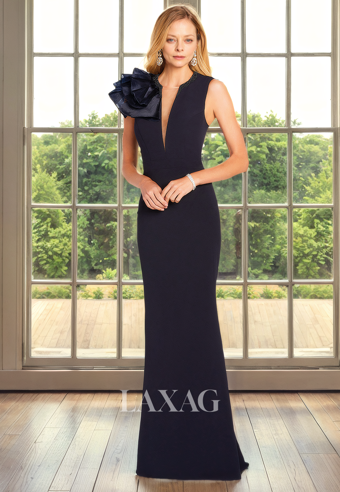 Low V-Neck Beaeded Sleek Satin Elegant Mermaid Mother of the Bride Dress