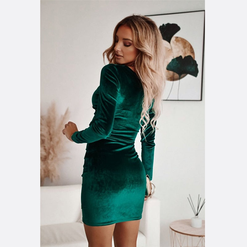 Velvet Deep V-Neck Long Sleeve Ruched Wrap Bodycon Mini Dress - View 5