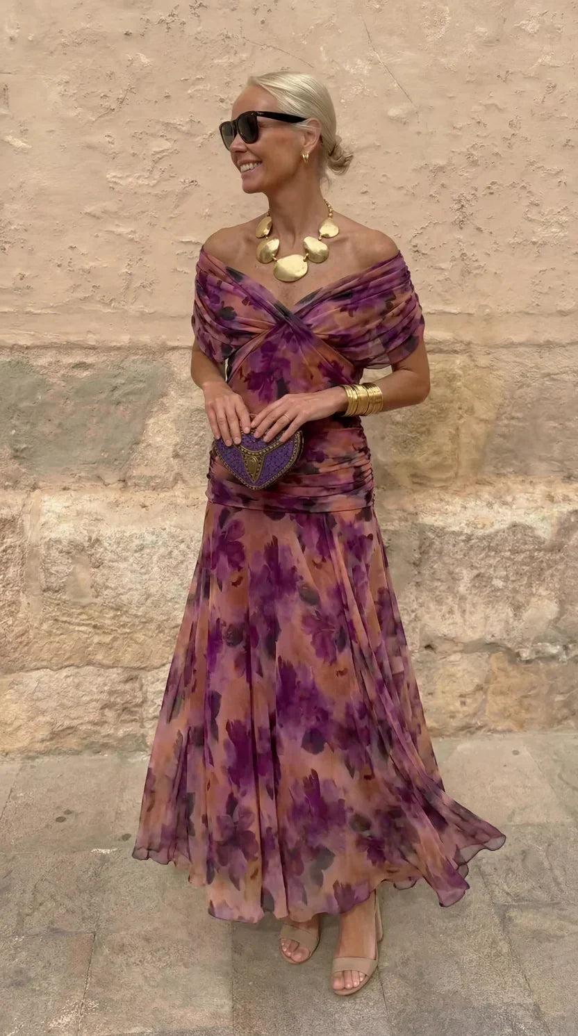 Floral Print Off Shoulder Twist Front Pleated Maxi Dress 2
