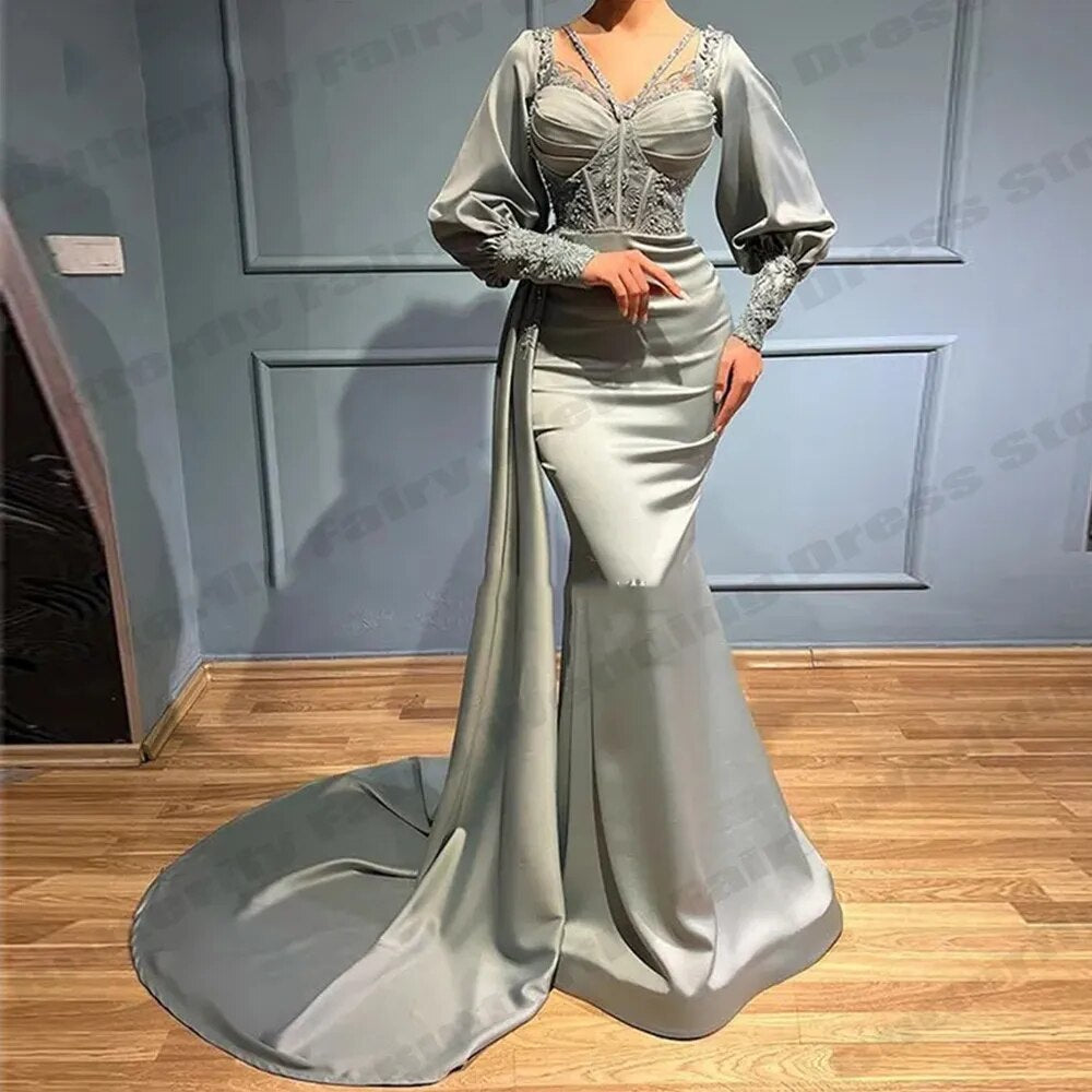 Satin Lace Applique V-Neck Long Sleeve Mermaid Gown 3