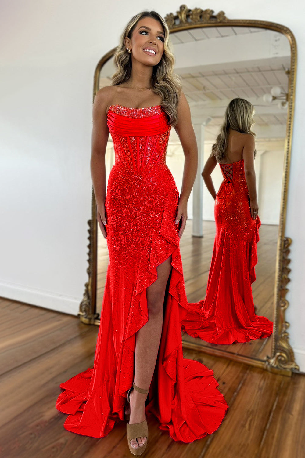 Light Blue Mermaid Strapless Lace Up Long Beaded Prom Dress with Leg Slit - Fashionpara