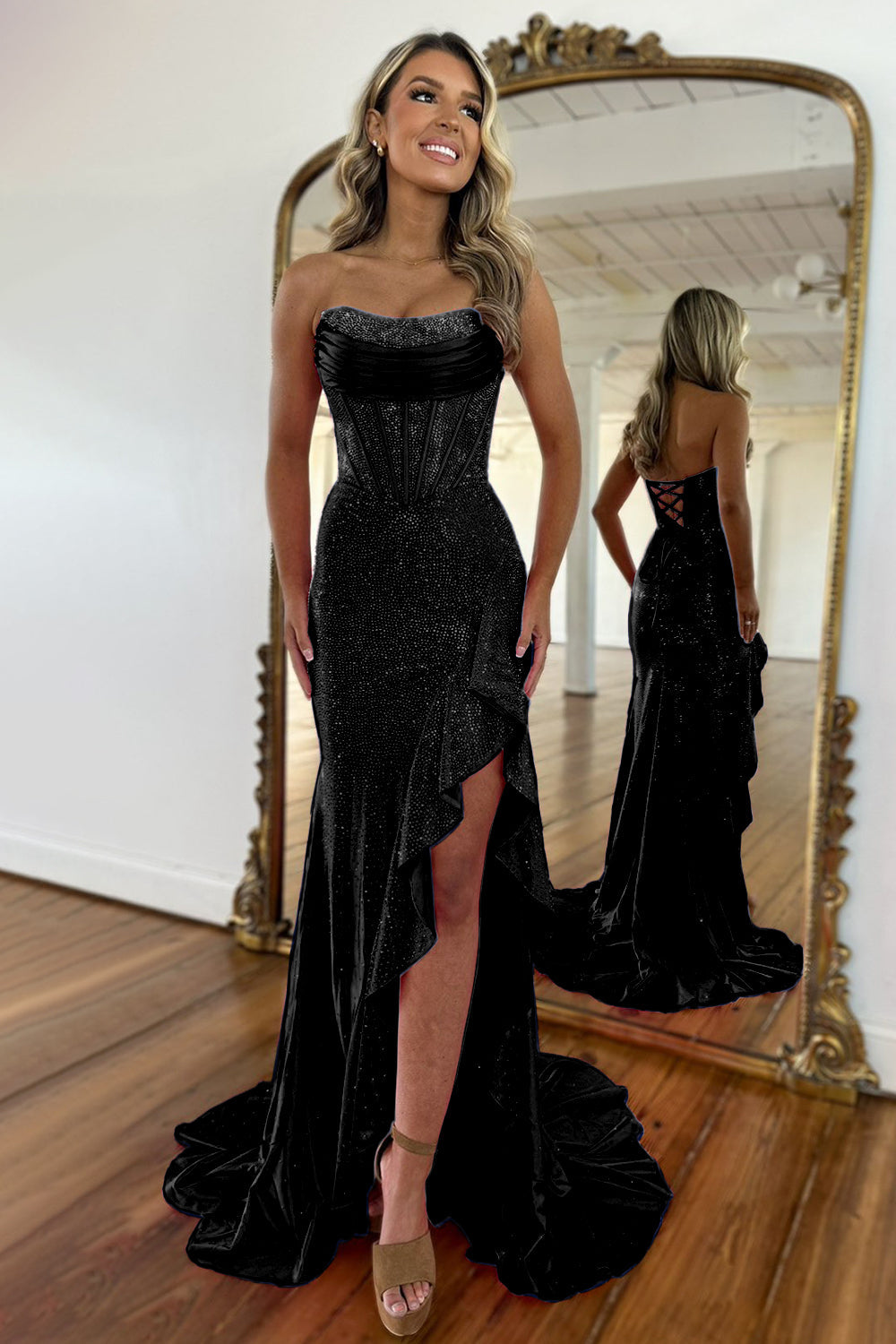 Light Blue Mermaid Strapless Lace Up Long Beaded Prom Dress with Leg Slit - Fashionpara