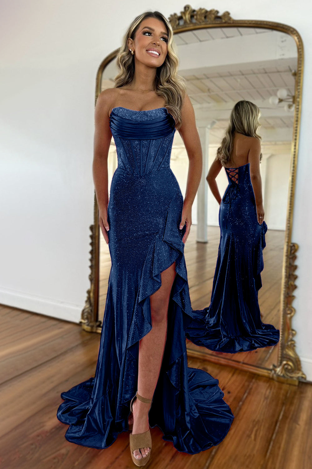 Light Blue Mermaid Strapless Lace Up Long Beaded Prom Dress with Leg Slit - Fashionpara