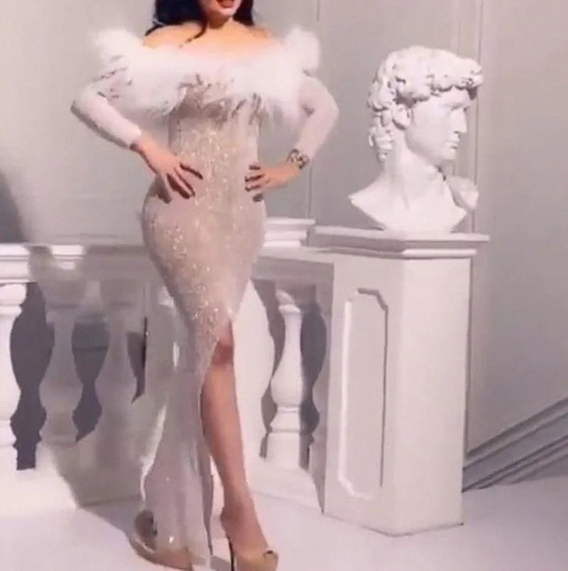 Sequin Off Shoulder Feather Trim Mermaid Gown