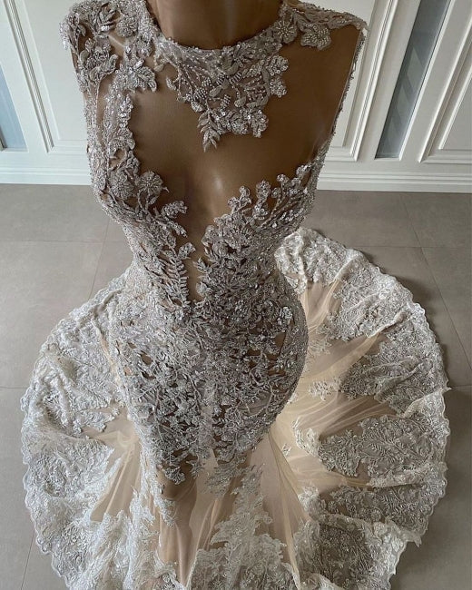Luxury Long Sexy Mermaid Sleeveless Prom Evening Dresses With Lace