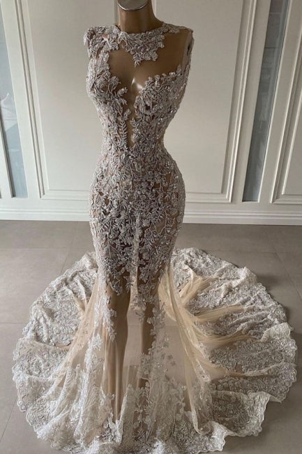 Luxury Long Sexy Mermaid Sleeveless Prom Evening Dresses With Lace