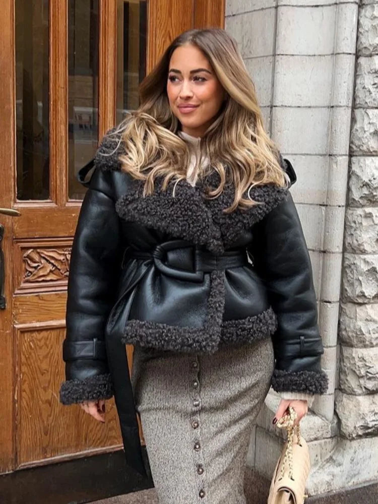 Splicing Thicken Warm Leather Coat