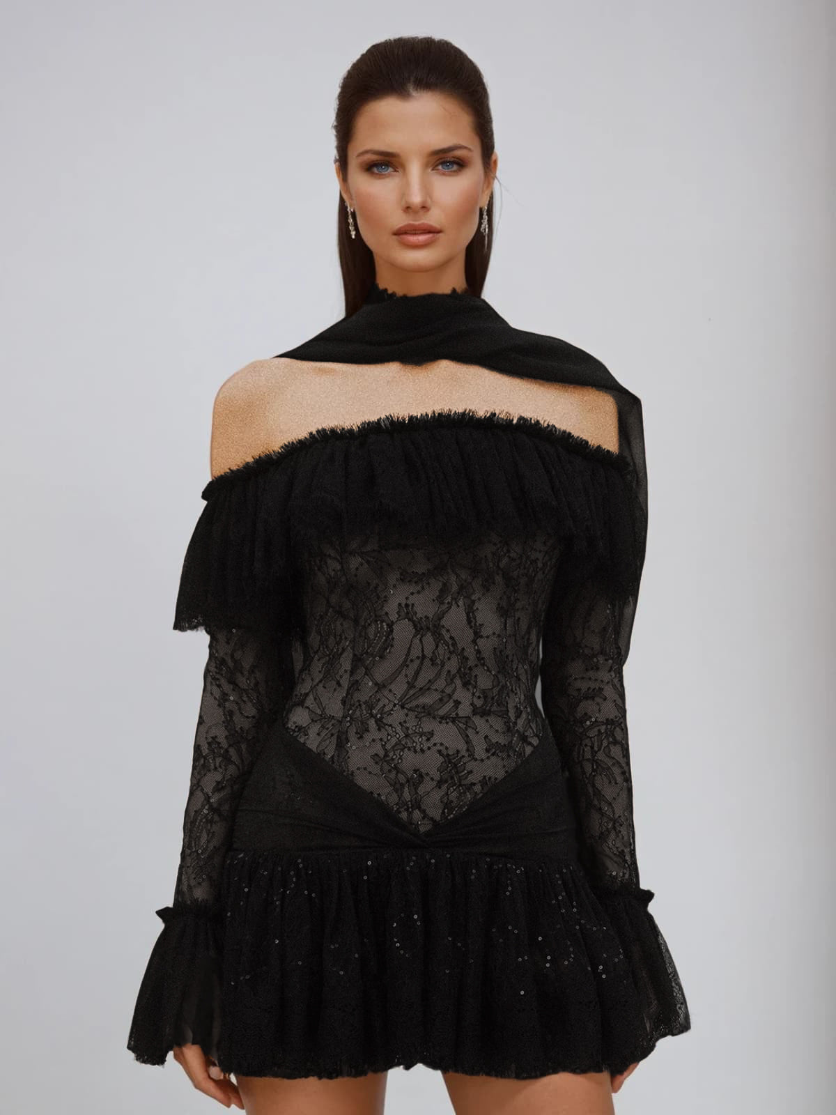 Lace Off Shoulder Long Sleeve Ruffle Tiered Mini Dress - View 7