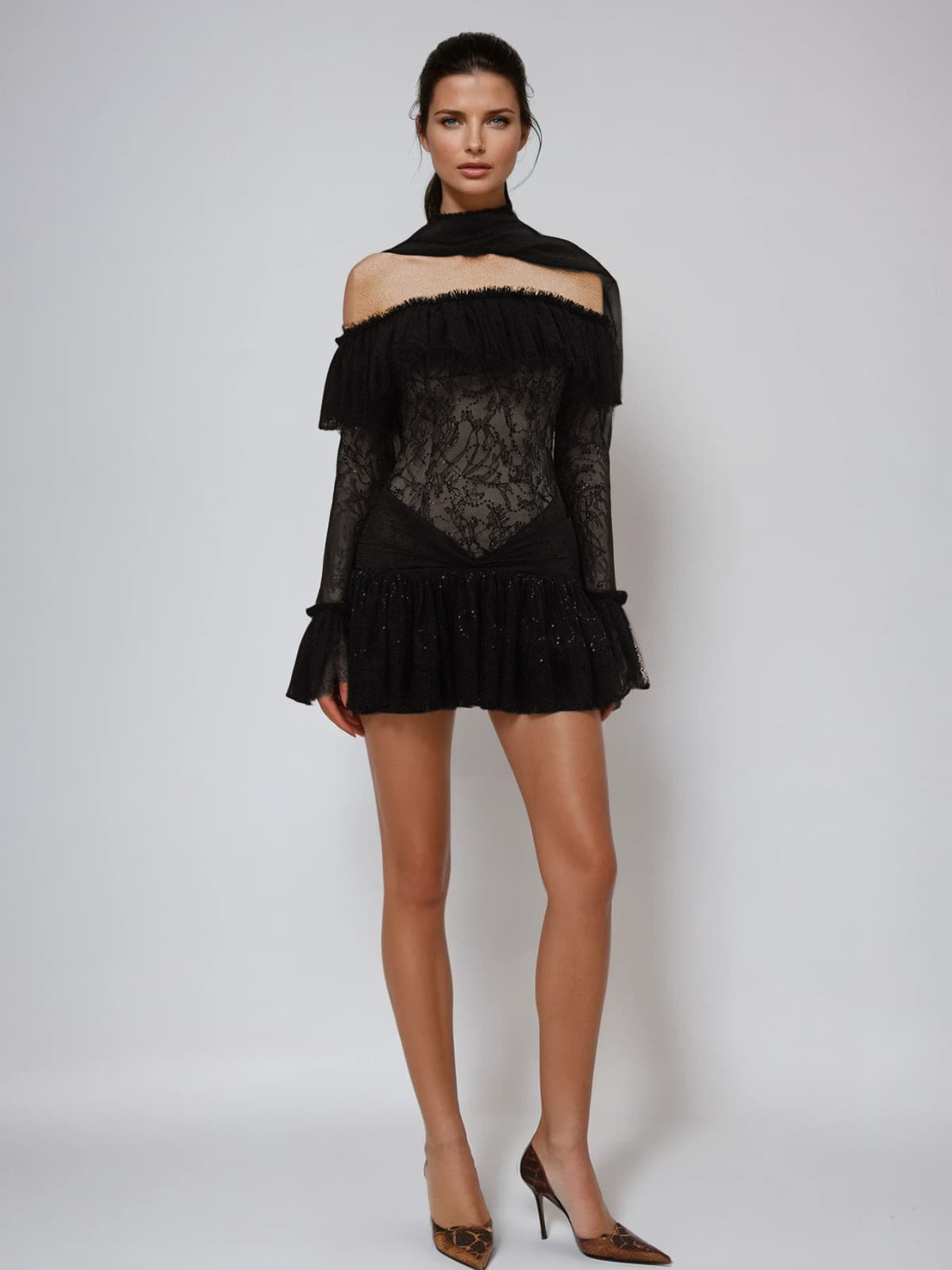 Lace Off Shoulder Long Sleeve Ruffle Tiered Mini Dress - View 8