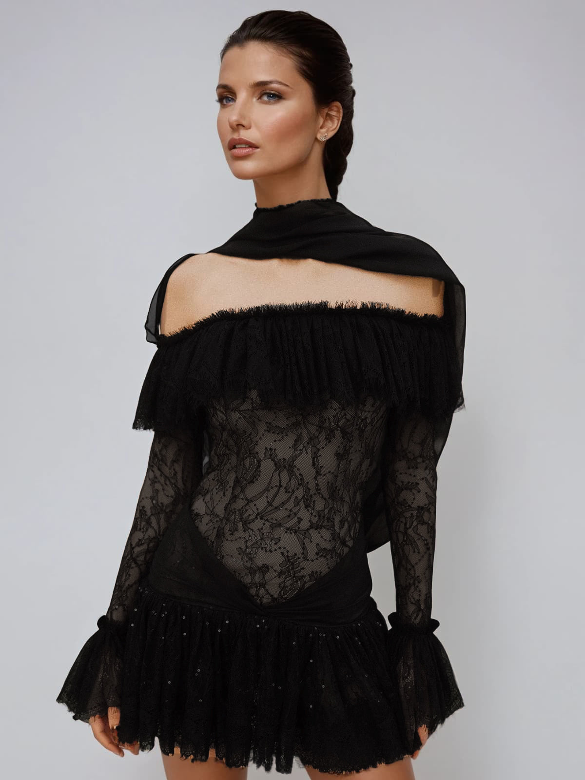 Lace Off Shoulder Long Sleeve Ruffle Tiered Mini Dress - View 9