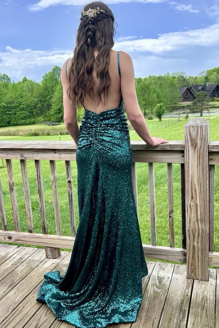 Vintage Green Spaghetti Strap V Neck Sequin Mermaid Slit Evening Dress Long Party Dress D1437