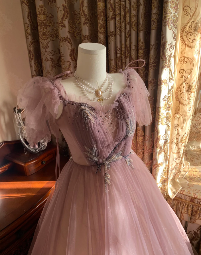 Sweet Tulle Sequin Beaded Ball Gown Pink Long Evening Dress Birthday Party Dress D1773