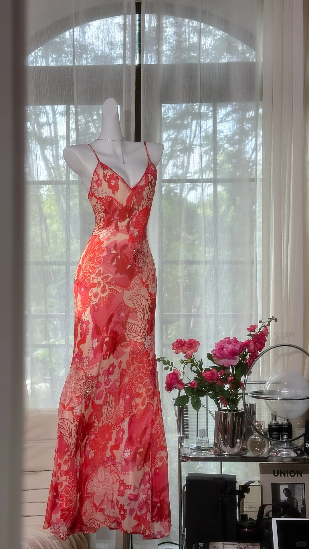 Pretty Spaghetti Straps V Neck Red Chiffon Print Floral Mermaid Evening Dress Long Birthday Prom Gown D1247