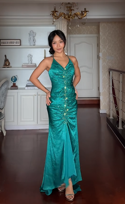 Classy Halter Green Satin Beaded Mermaid Evening Dress Formal Birthday Party Dress D1160
