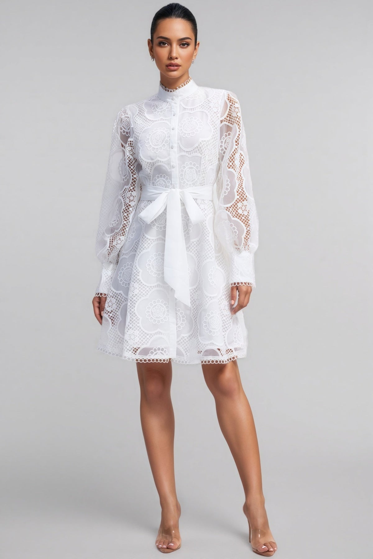 Floral Lace High Neck Lantern Sleeve A-Line Mini Dress