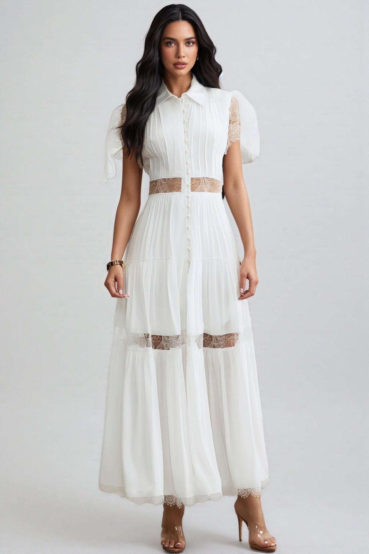 Zived White Lace Embroidery Cut Out Maxi Dress