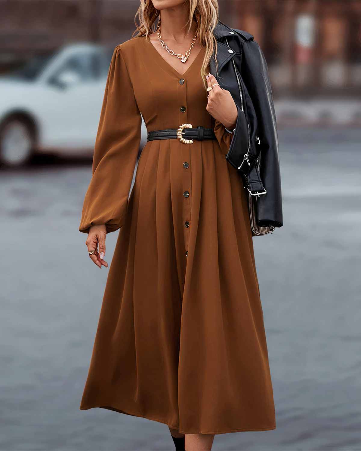 Deep V-Neck Button Front Puff Sleeve A-Line Midi Dress - View 2