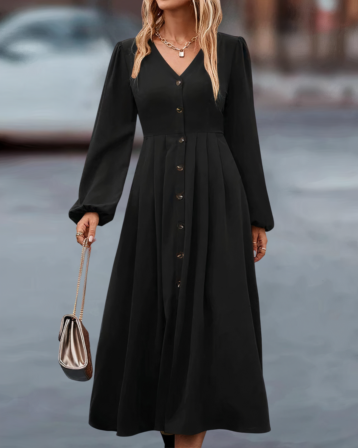 Deep V-Neck Button Front Puff Sleeve A-Line Midi Dress - View 7