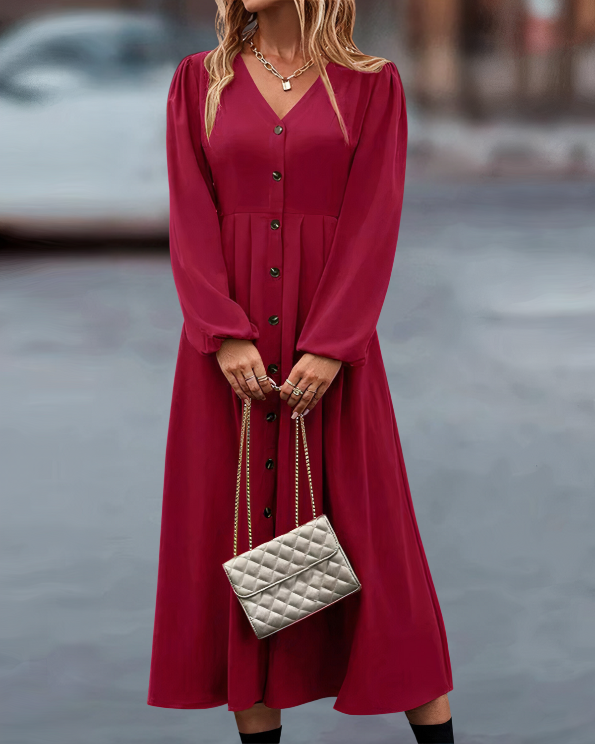 Deep V-Neck Button Front Puff Sleeve A-Line Midi Dress - View 6