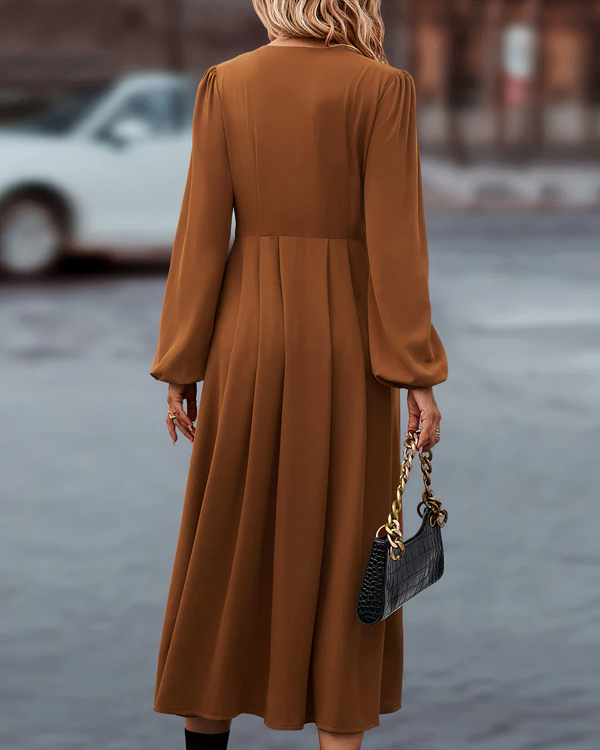 Deep V-Neck Button Front Puff Sleeve A-Line Midi Dress - View 5