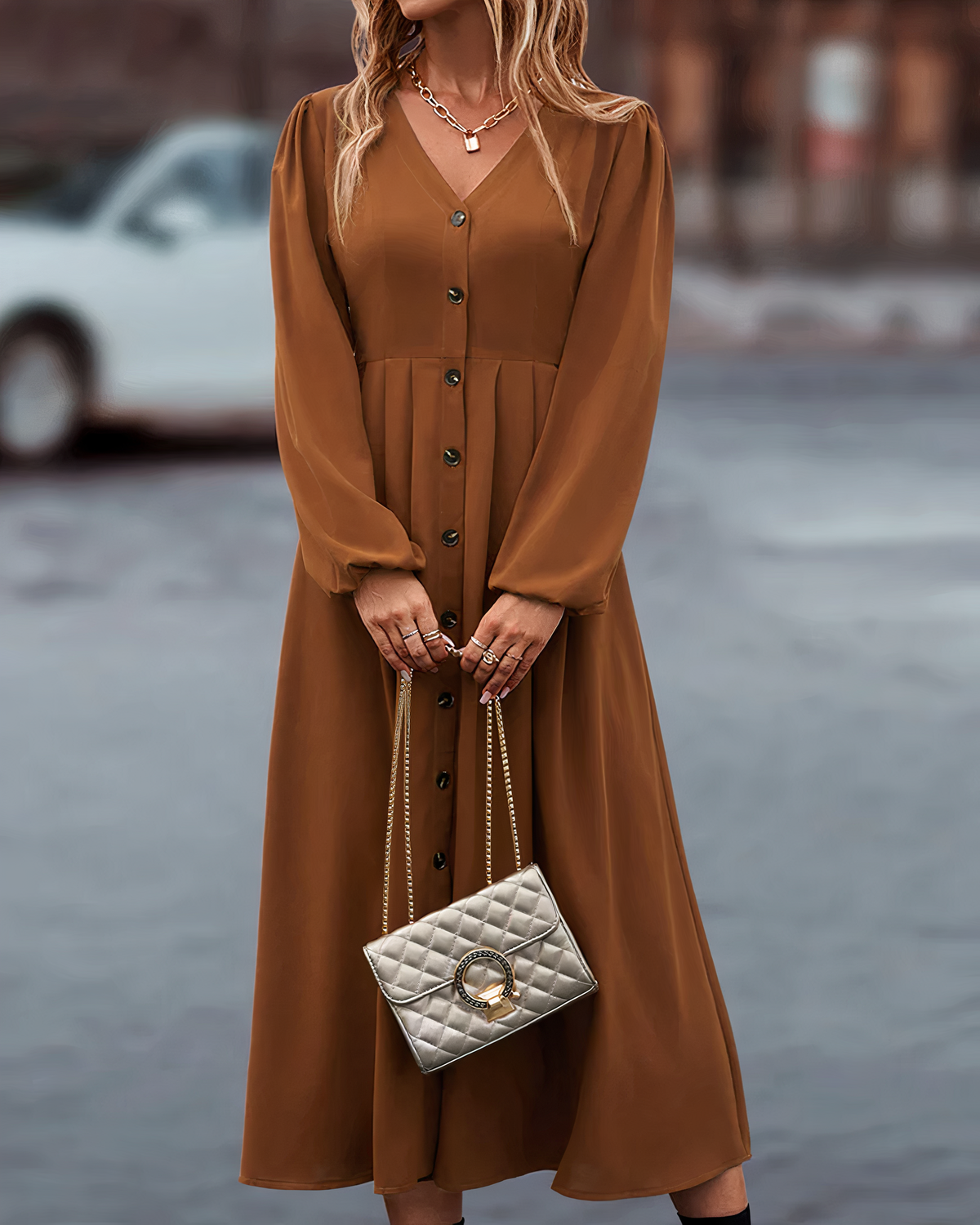 Deep V-Neck Button Front Puff Sleeve A-Line Midi Dress