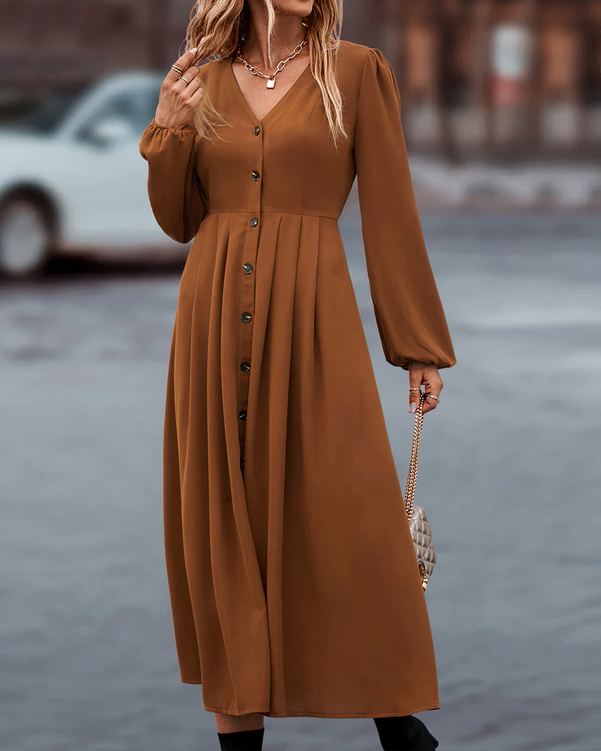 Deep V-Neck Button Front Puff Sleeve A-Line Midi Dress - View 4