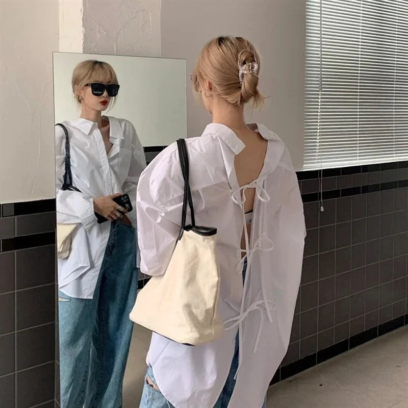 Oversized Bandage Long Sleeve Streetwear White Blouse