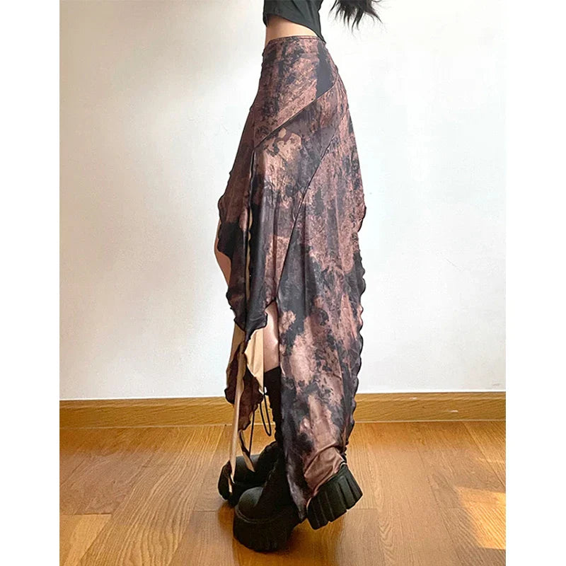 Y2K Irregular Midi Skirt Vintage Boho Ruffles Print Skirt