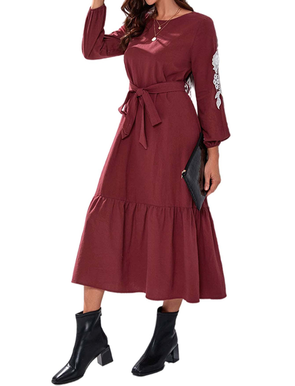 Embroidered Crew Neck Long Sleeve Tiered Midi Dress