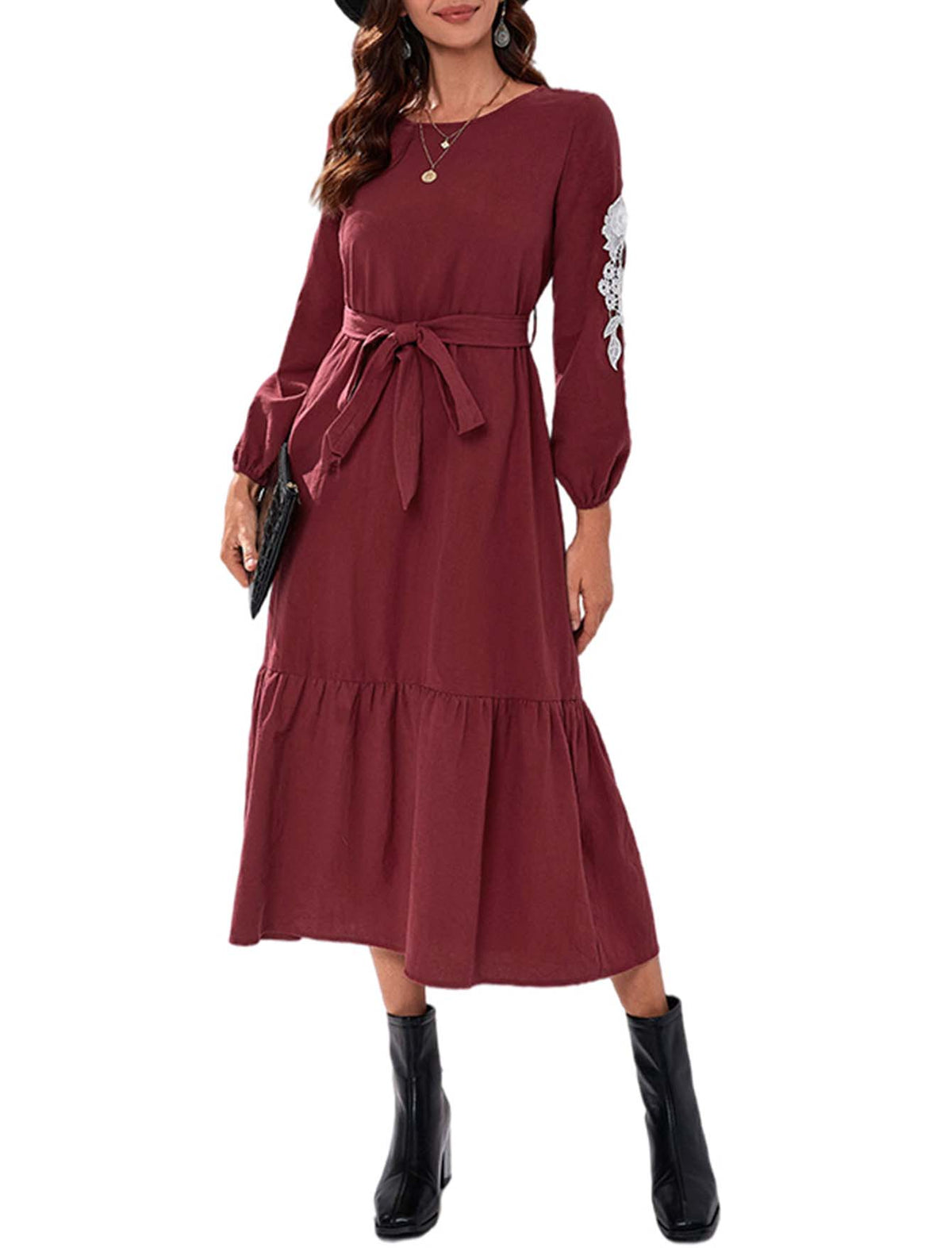 Embroidered Crew Neck Long Sleeve Tiered Midi Dress