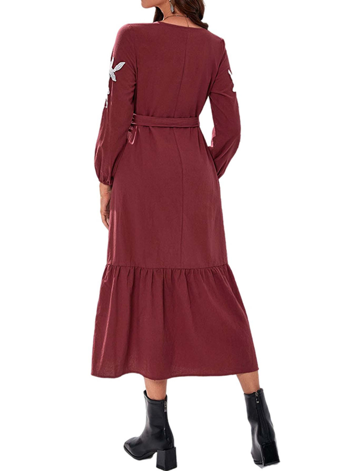 Embroidered Crew Neck Long Sleeve Tiered Midi Dress