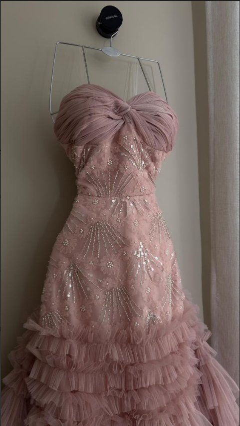 Elegant Sweetheart Neck Pink Sequin Tulle Lace Pleated Mermaid Long Party Dress Evening Gown D1602