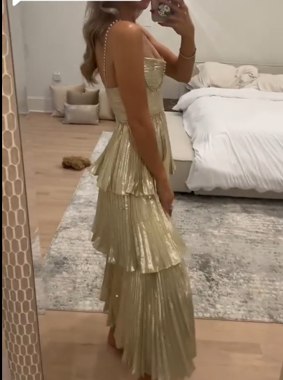 Stylish Gold Spaghetti Straps Satin Pleated Layered Long Wedding Guest Dress Evening Dress D1326