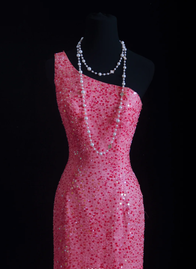 Gorgeous Pink One Shoulder Sequin Beaded Slit Mermaid Long Party Dress Evening Gown D1681