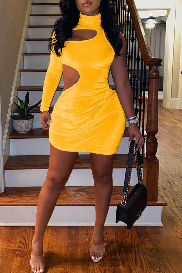 Sexy High Neck Slim One Sleeve Hollow Mini Dress  Fashionpara