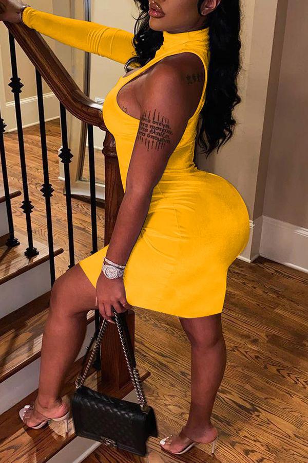 Sexy High Neck Slim One Sleeve Hollow Mini Dress  Fashionpara