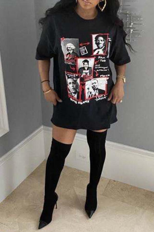 Casual Loose Portrait Print Short Sleeve Mini Dress  Fashionpara
