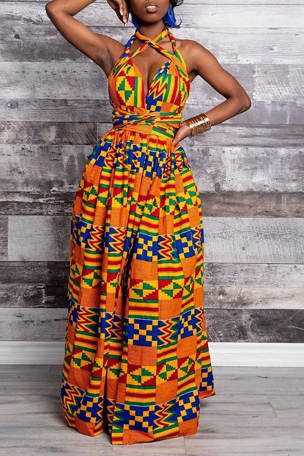 Elegant Printed Lace Up Slit Sleeveless Maxi Dress - Fashionpara