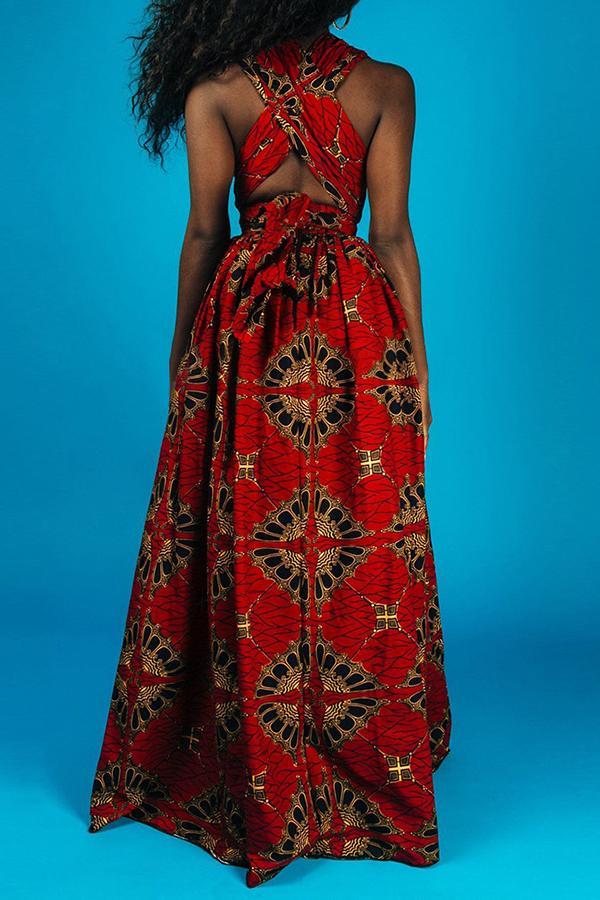 Elegant Printed Lace Up Slit Sleeveless Maxi Dress - Fashionpara