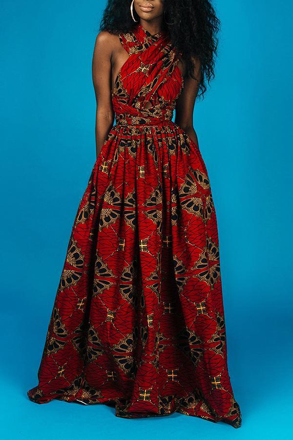 Elegant Printed Lace Up Slit Sleeveless Maxi Dress - Fashionpara