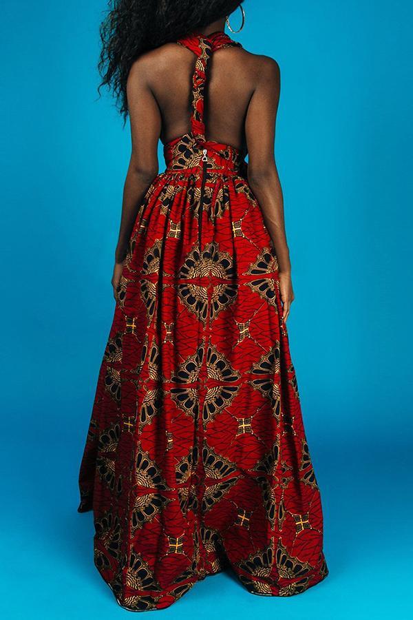 Elegant Printed Lace Up Slit Sleeveless Maxi Dress - Fashionpara
