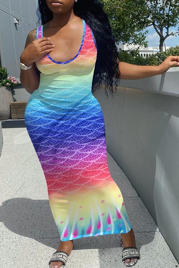 Gradient Color Sleeveless Mermaid Print Maxi Dress  Fashionpara