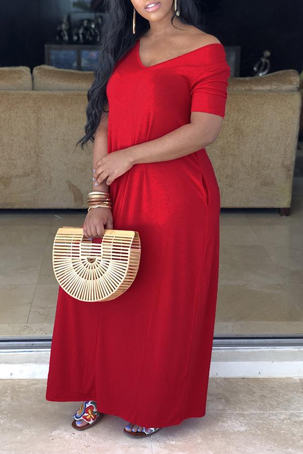 Basic Solid Color V Neck Short Sleeved Maxi Dress  Fashionpara