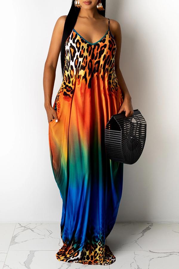 Loose Leopard Gradient Print Suspender Maxi Dress  Fashionpara